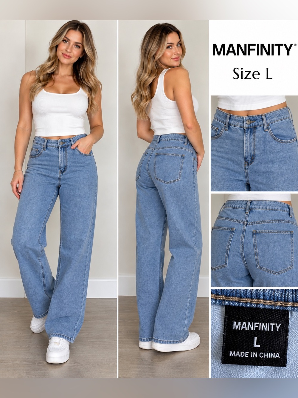 NFINITY Women's High-Rise Wide Leg Jeans - Light Blue Denim Large